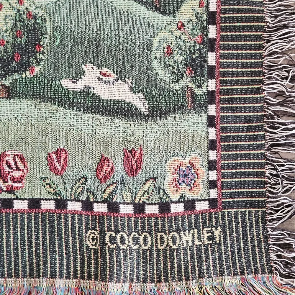 Coco Dowley Garden Angel Woven Tapestry Throw Blanket Bunny Rabbit Folk Art Blue